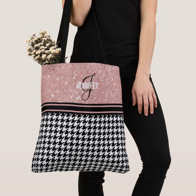 Rose Gold Glitter Houndstooth monogram name Tote Bag (Close Up)
