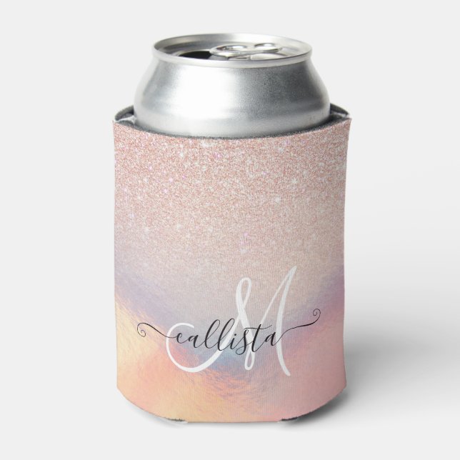 Rose Gold Glitter Iridescent Holographic Gradient Can Cooler (Can Front)