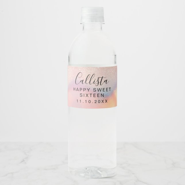 Rose Gold Glitter Iridescent Holographic Sweet 16 Water Bottle Label (Front)