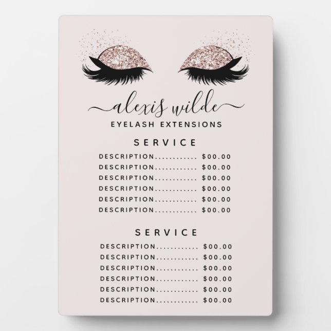 Rose Gold Glitter Lashes Salon Price Menu Plaque (Front)