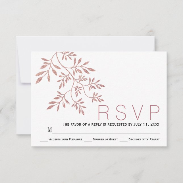Rose gold glitter leaves modern wedding RSVP Card (Front)
