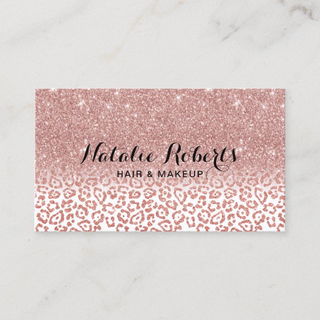 Rose Gold Glitter Leopard Print Beauty Salon Business Card (Front)