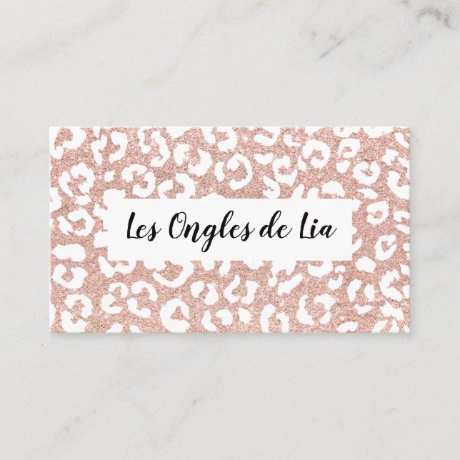 Rose gold glitter leopard print nails technician business card (Front)