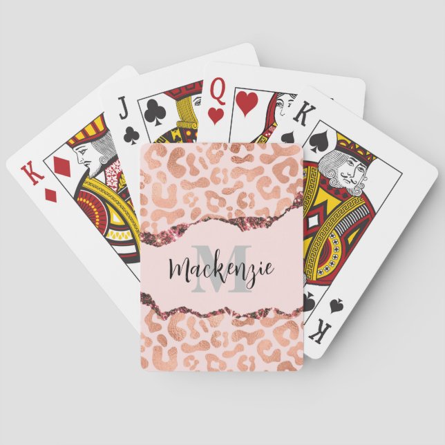 Rose Gold Glitter Leopard Print Playing Cards (Back)