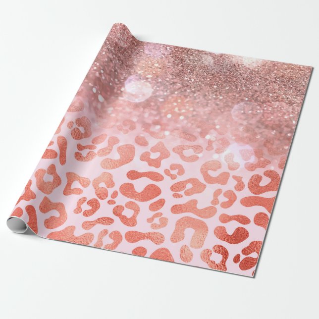 Rose Gold Glitter Leopard Print Wrapping Paper (Unrolled)