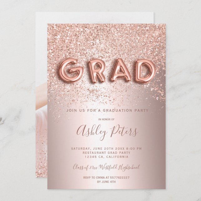 Rose Gold glitter letters foil photo graduation Invitation (Front/Back)