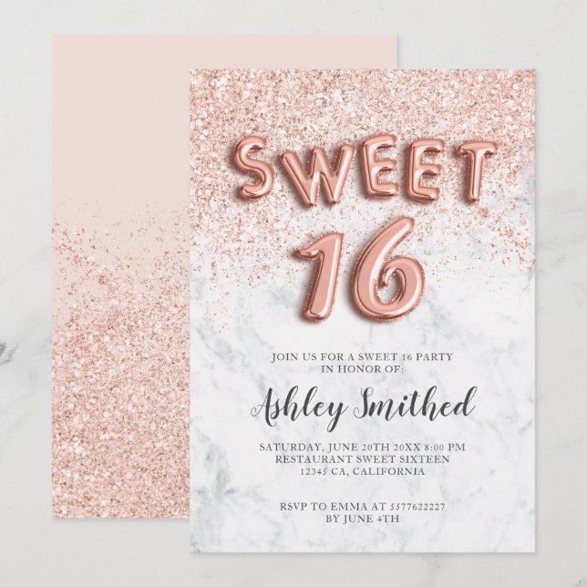 Rose gold glitter letters marble sweet sixteen invitation (Front/Back)