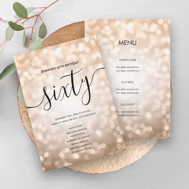 Rose Gold Glitter Light 60th Birthday Menu Program Invitation (Rose Gold Glitter Light 60th Birthday Menu Program)