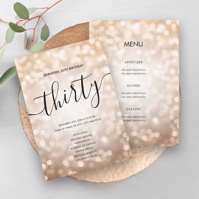Rose Gold Glitter Lights 30 Birthday Menu Program Invitation (Rose Gold Glitter Lights 30 Birthday Menu Program)