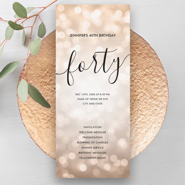 Rose Gold Glitter Lights 40th Birthday Programs  Invitation (Rose Gold Glitter Lights 40th Birthday Programs )