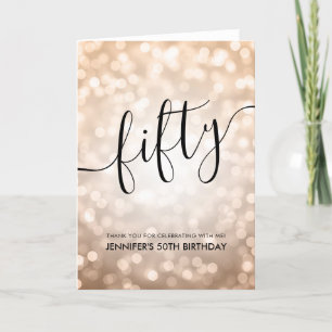 Rose Gold Glitter Lights 50th Birthday Thank You Card