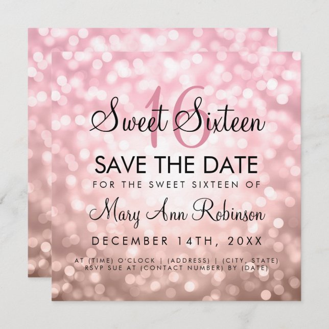 Rose Gold Glitter Lights Sweet 16 Save The Date Invitation (Front/Back)