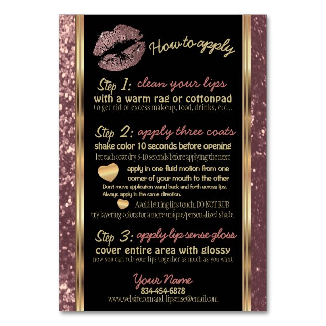 Rose Gold Glitter Lip How to Apply Instructions Table Number (Front)