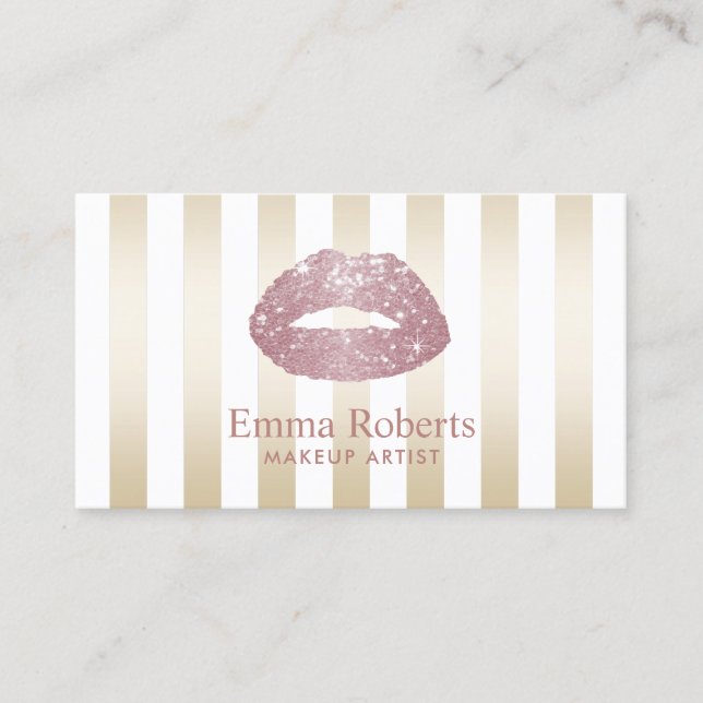 Rose Gold Glitter Lips Gold Stripes Makeup Artist Business Card (Front)