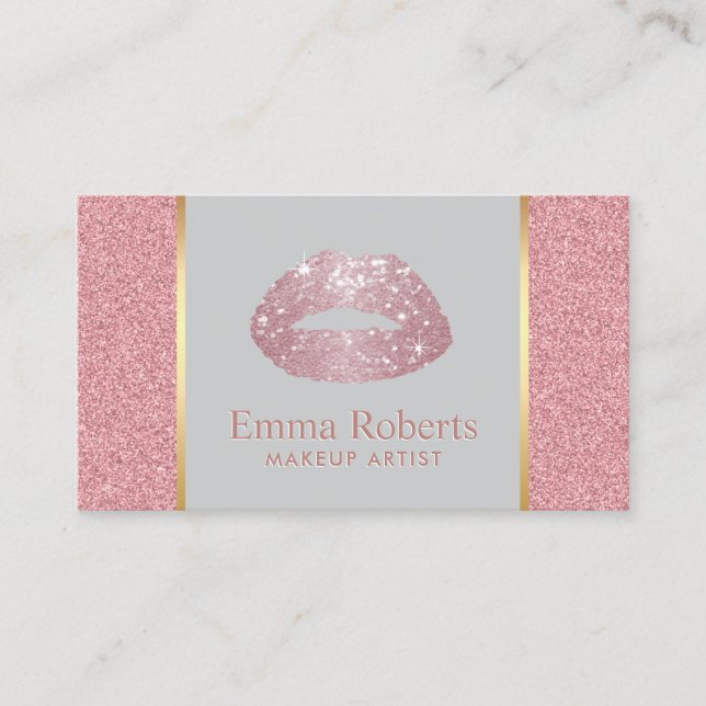 Rose Gold Glitter Lips Makeup Artist Elegant Business Card (Front)