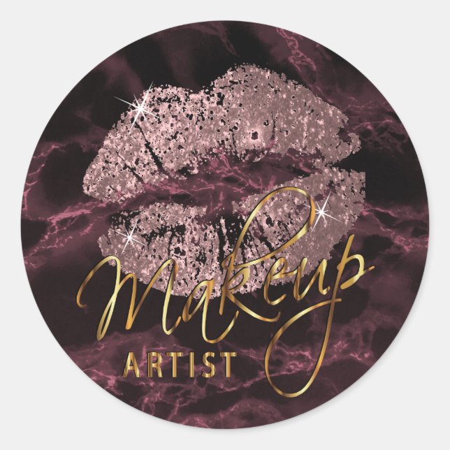 Rose Gold Glitter Lips On Rose Marble Classic Round Sticker (Front)