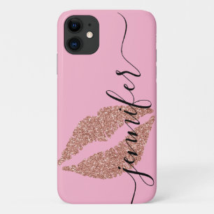 Rose Gold Glitter Lips, Personalised Pink Case-Mate iPhone Case