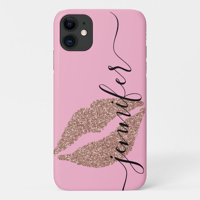 Rose Gold Glitter Lips, Personalised Pink Case-Mate iPhone Case (Back)