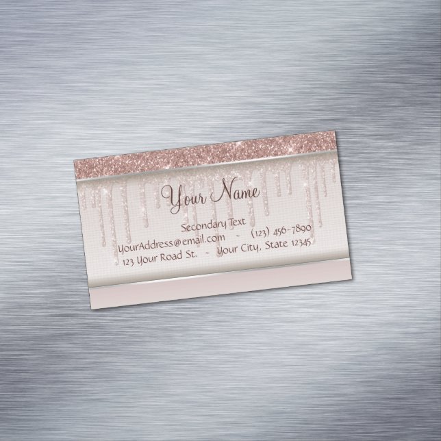 Rose Gold Glitter Liquid Drips Magnetic Business Card (In Situ)