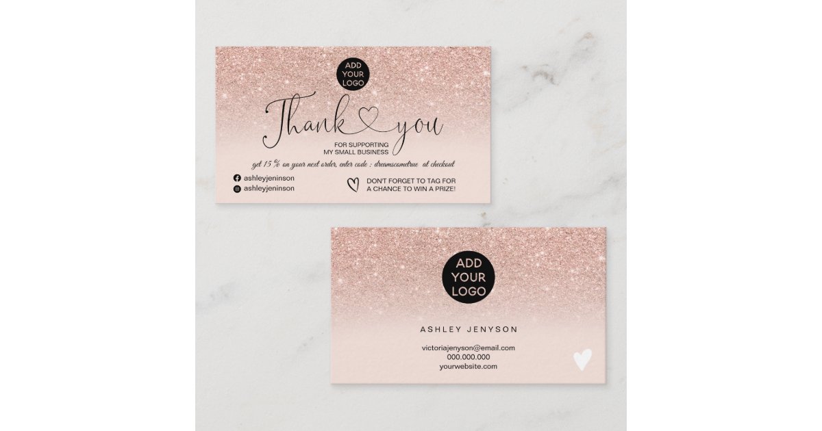 Rose gold glitter logo blush pink order thank you business card ...