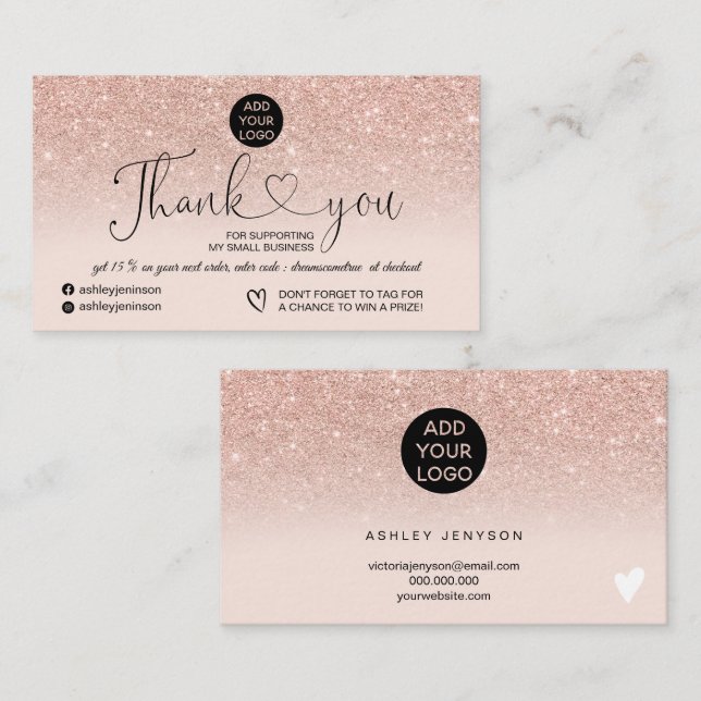 Rose gold glitter logo blush pink order thank you business card (Front/Back)
