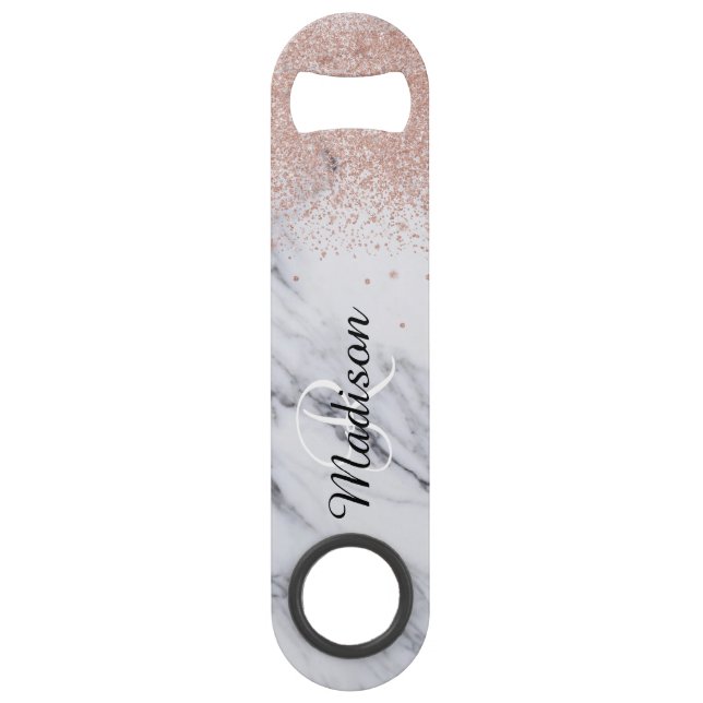 Rose Gold Glitter Look Monogram Marble Bottle (Front)