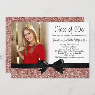 Rose Gold Glitter-look Ribbon Bow Photo Graduation Invitation