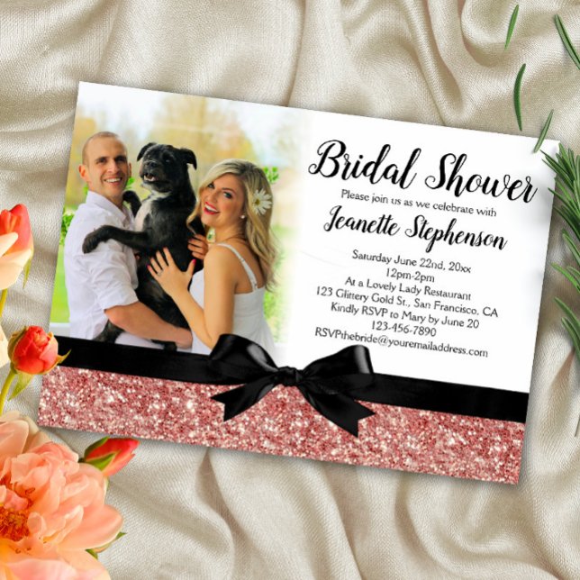 Rose Gold Glitter-look Ribbon Photo Bridal Shower Invitation (Creator Uploaded)