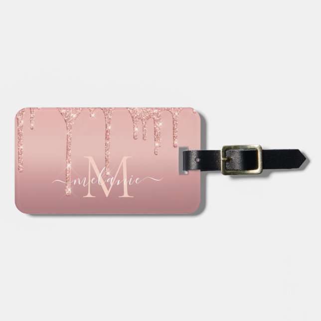 Rose Gold Glitter Luggage Tag Custom Name Letter (Front Horizontal)