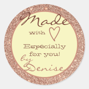 Rose Gold Glitter Made with Love Red Heart Name Classic Round Sticker