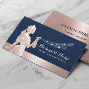 Rose Gold Glitter Maid Cleaning Navy Housekeeping Business Card