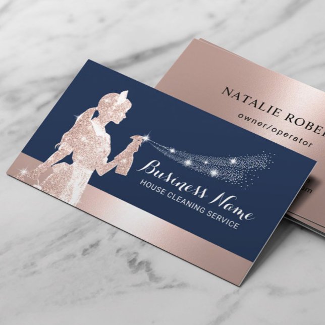 Rose Gold Glitter Maid Cleaning Navy Housekeeping Business Card (Creator Uploaded)