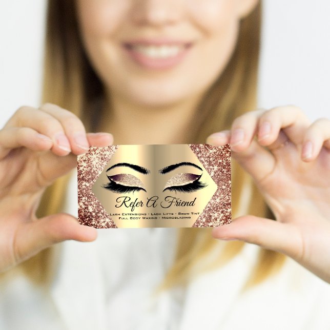 Rose Gold Glitter Makeup Artist Lashes Referral Business Card (Creator Uploaded)