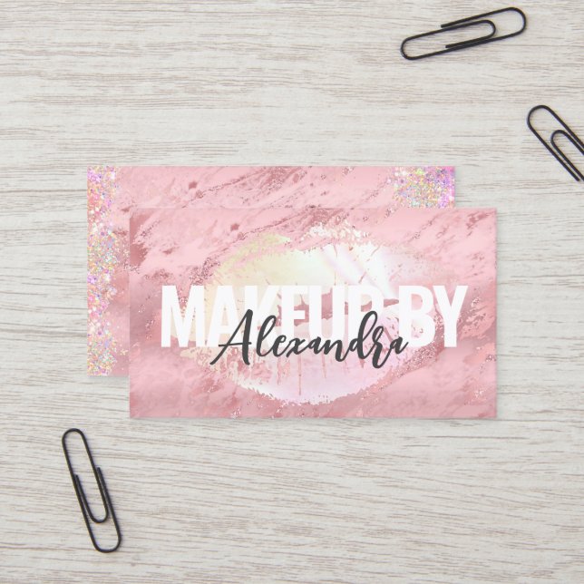 Rose Gold Glitter Makeup Artist Lips Salon Business Card (Front/Back In Situ)