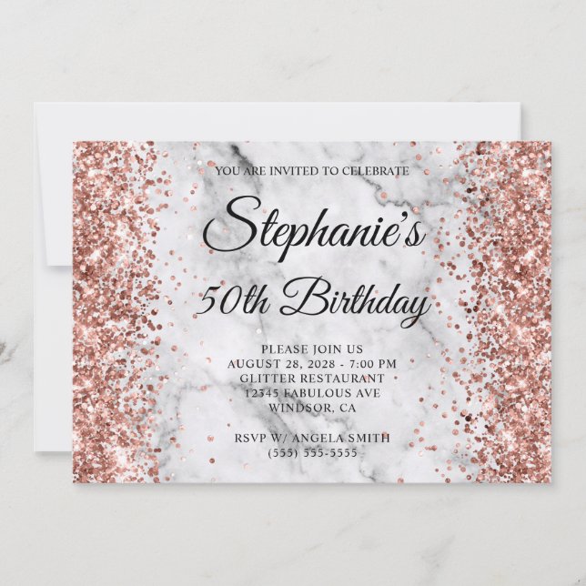 Rose Gold Glitter Marble 50th Birthday Invitation (Front)