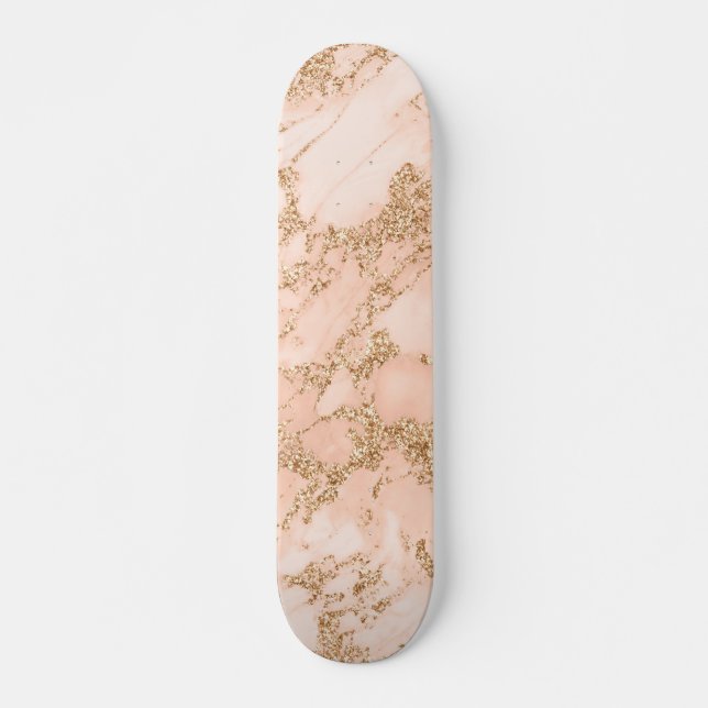 Rose gold glitter marble abstract skateboard (Front)