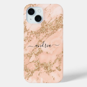 Rose Gold Glitter Marble, Black Script Name iPhone 15 Case