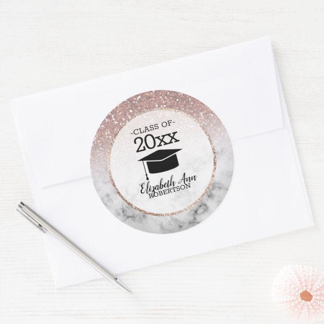 Rose Gold Glitter/Marble Graduation Classic Round Sticker (Envelope)