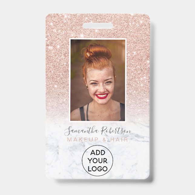 Rose gold glitter marble logo employee photo pass ID badge (Front)