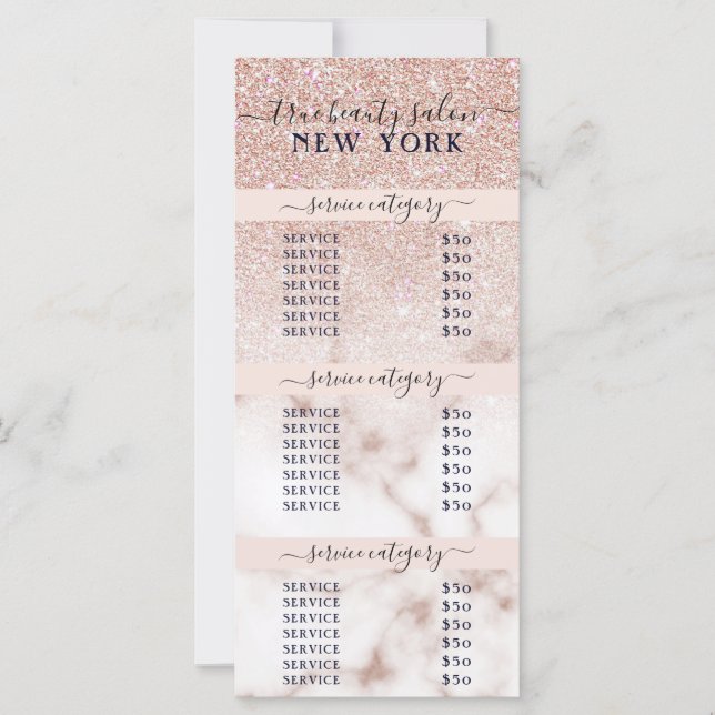 Rose Gold Glitter Marble Ombre Salon Price List (Front)