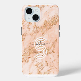 Rose Gold Glitter Marble Personalise Name Monogram iPhone 15 Case