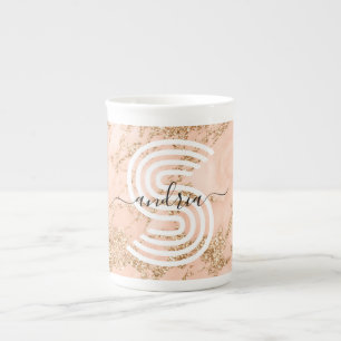 Rose Gold Glitter Marble, Script Name Wht Monogram Bone China Mug