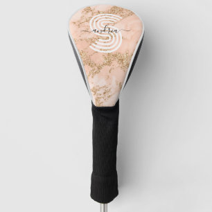 Rose Gold Glitter Marble, Script Name Wht Monogram Golf Head Cover