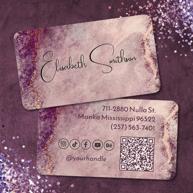   Rose Gold Glitter Marble Social Media & QR Code  Business Card (Creator Uploaded)