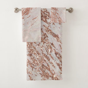 Rose Gold Glitter Marble Swirl Stone  Bath Towel Set