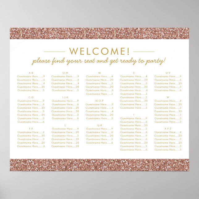 Rose Gold Glitter Med Alphabetical Seating Chart (Front)
