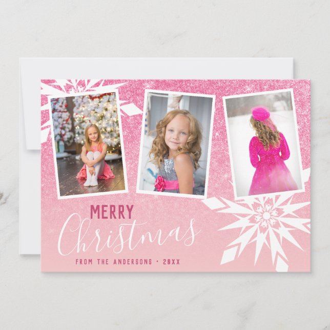 Rose Gold Glitter Merry Christmas Custom Photo  Holiday Card (Front)