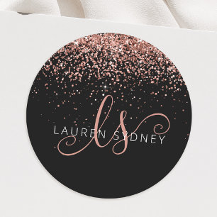 Rose Gold Glitter Metal Monogram Glam Name Classic Round Sticker