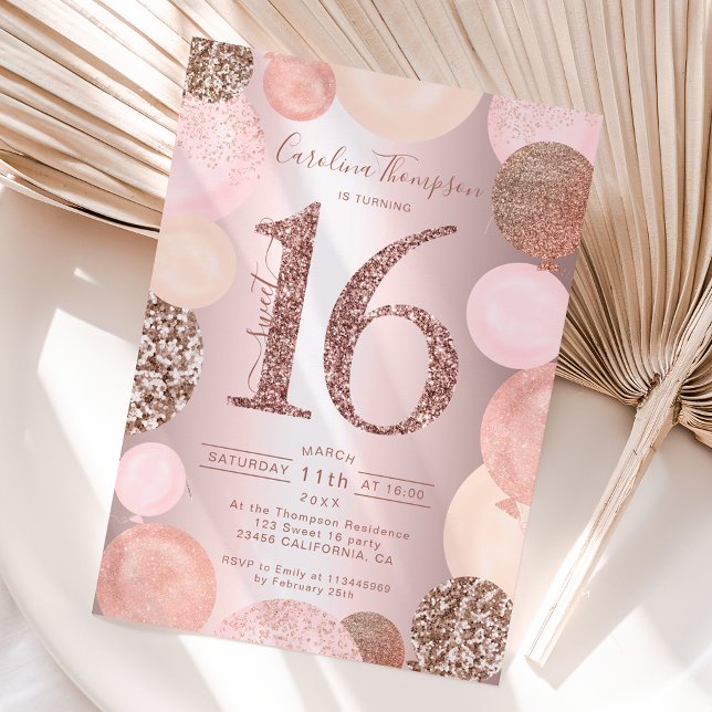 rose gold glitter metallic balloon Sweet 16 photo Invitation (Creator Uploaded)