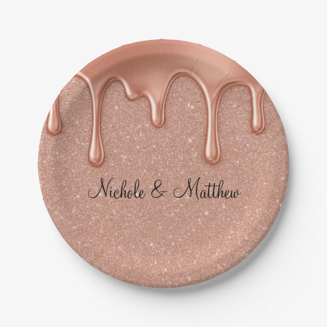 Rose Gold Glitter & Metallic Drips Wedding Paper Plate (Front)